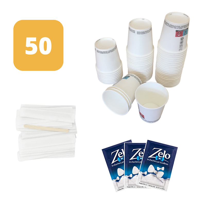 Kit Accessori Caffè da 50 Pz - Palettine - Zucchero - Bicchierini di carta  Quantità 1