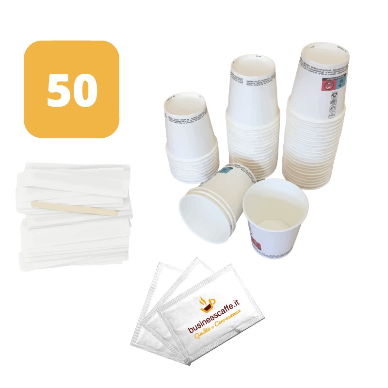 Kit 50 Bicchierini Caffè In Carta + Palettine Legno + Zucchero - Monouso Per Ufficio, Bar O Casa, 75ml - Foto 5