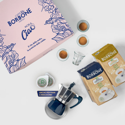 Nuova MokaCiao confezione regalo - 30 cialde e 4 bicchierini di vetro in omaggio - Caffè Borbone